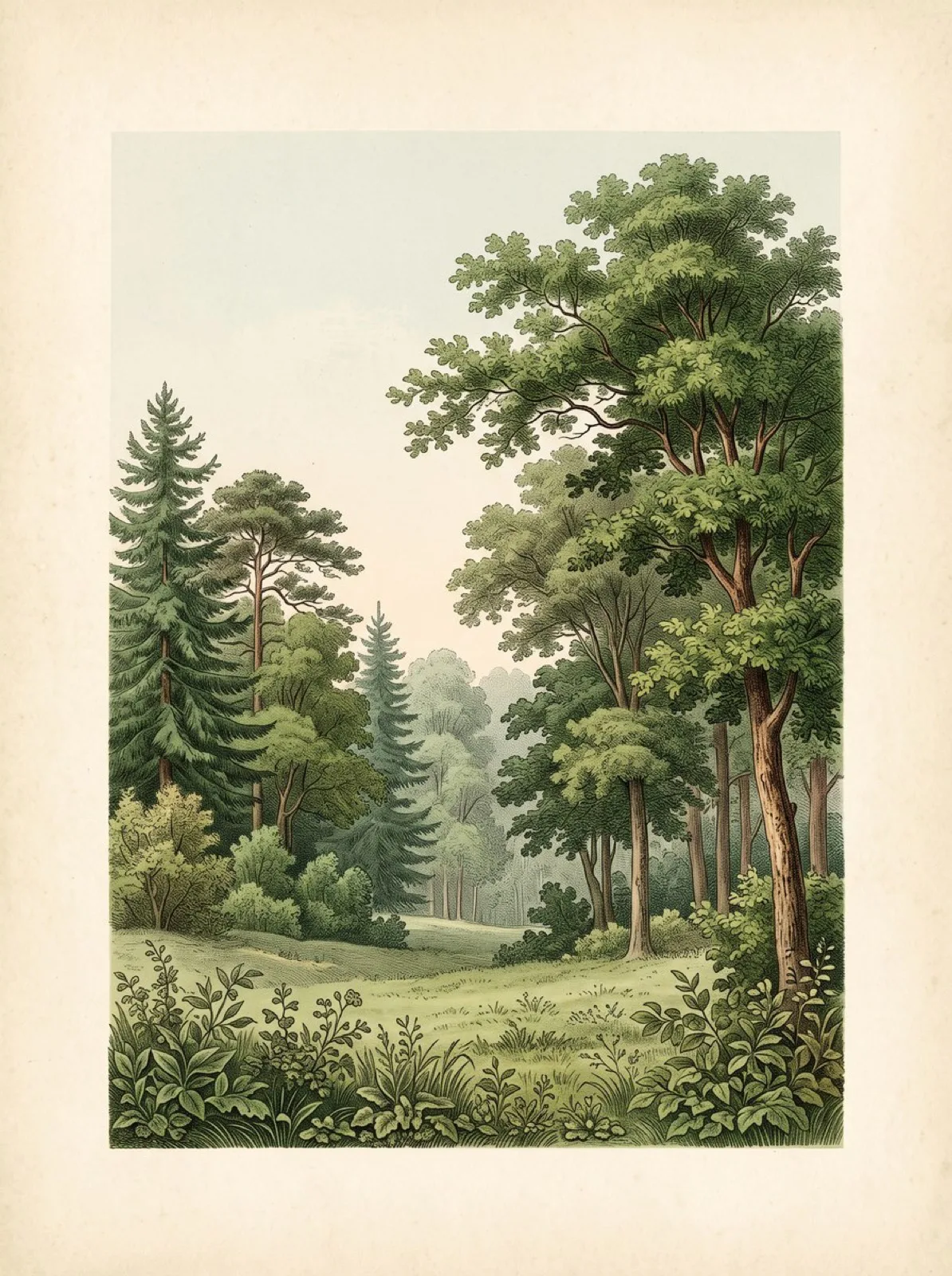 A vintage botanical plate of a forest growing from a single seed